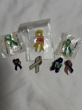 Assorted Ribbon Awareness Pin Lot - Yellow, Teal, White, Navy, Purple, Red/Blue